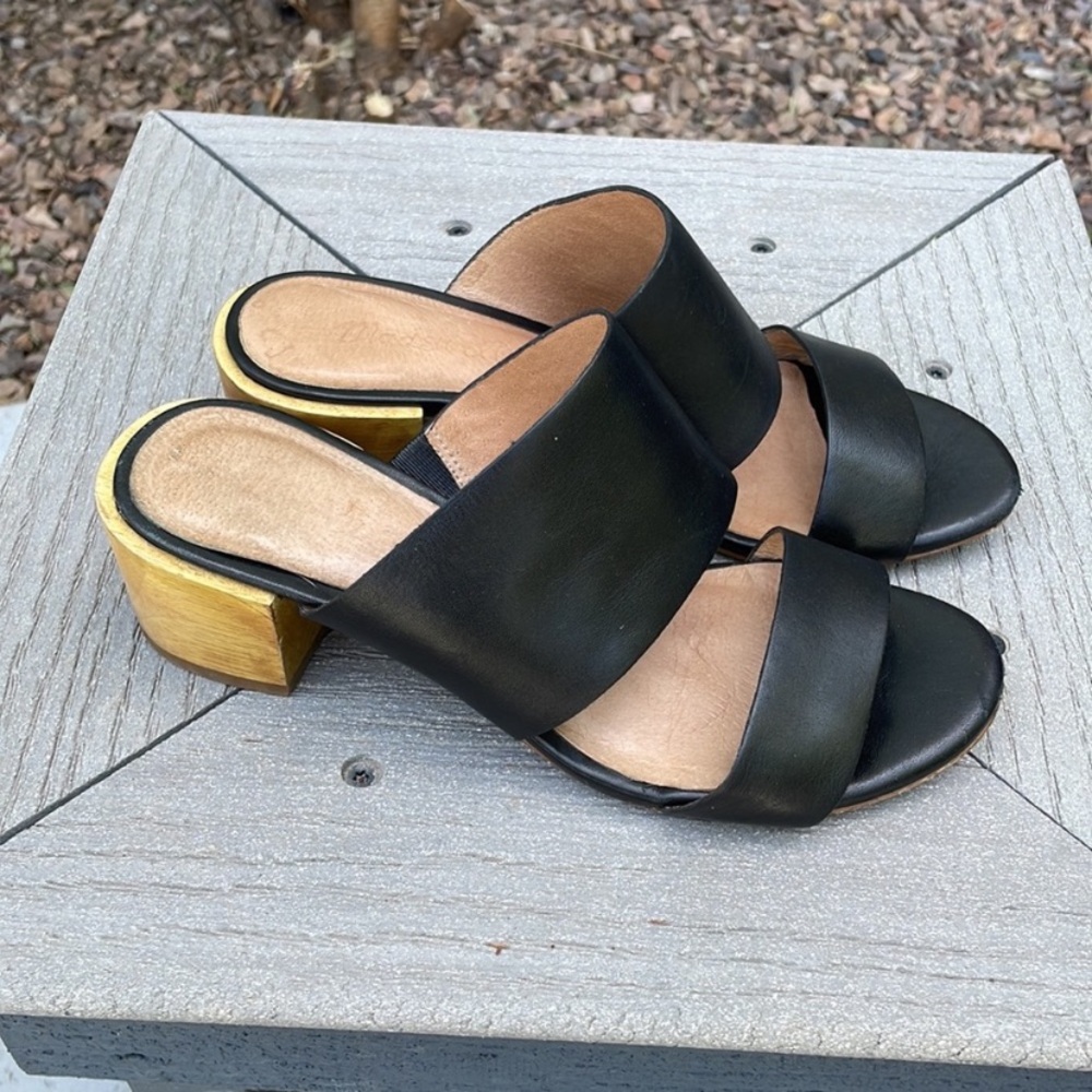 Madewell The Kiera Mule Strappy Leather Sandal Black With  Wood Block Heel 6